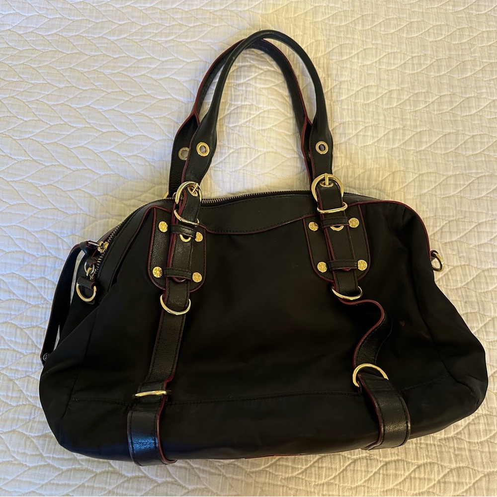 MZ WALLACE Black Nylon Satchel Handbag Leather Trim Dual Handles Gold Hardware